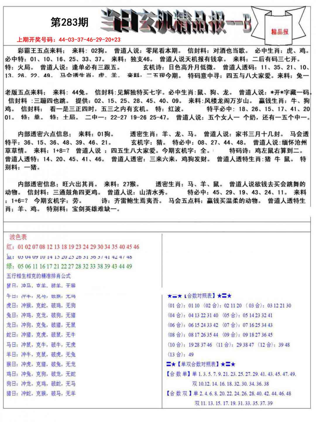 当日玄机精品报B 第283期