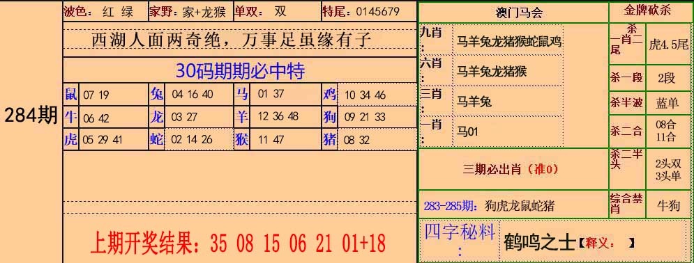30码中特 第284期